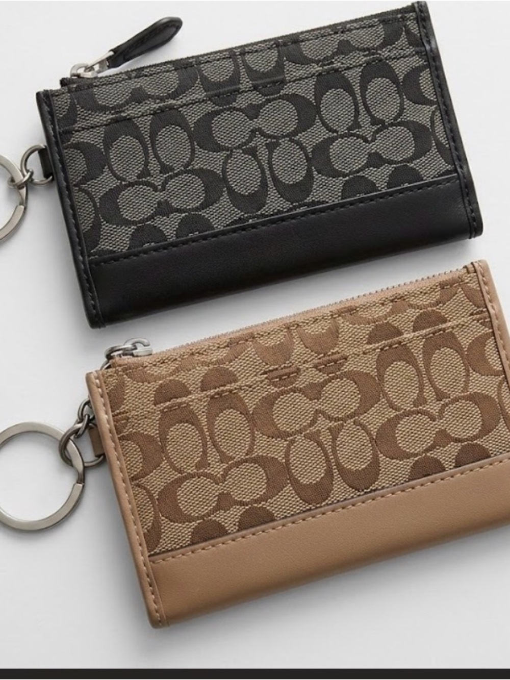 SET OF TWO: Coach Signature C Print Keyring Wallet & Card Case (Black & Khaki)